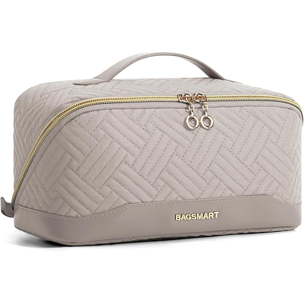 image:imageBAGSMART Makeup Bag Cosmetic Bag Travel Makeup BagWaterresistent Makeup Bags for Women Portable Pouch Open Flat Make Up Organizer Bag for Toiletries Brushes Pink21Tranquil Gray