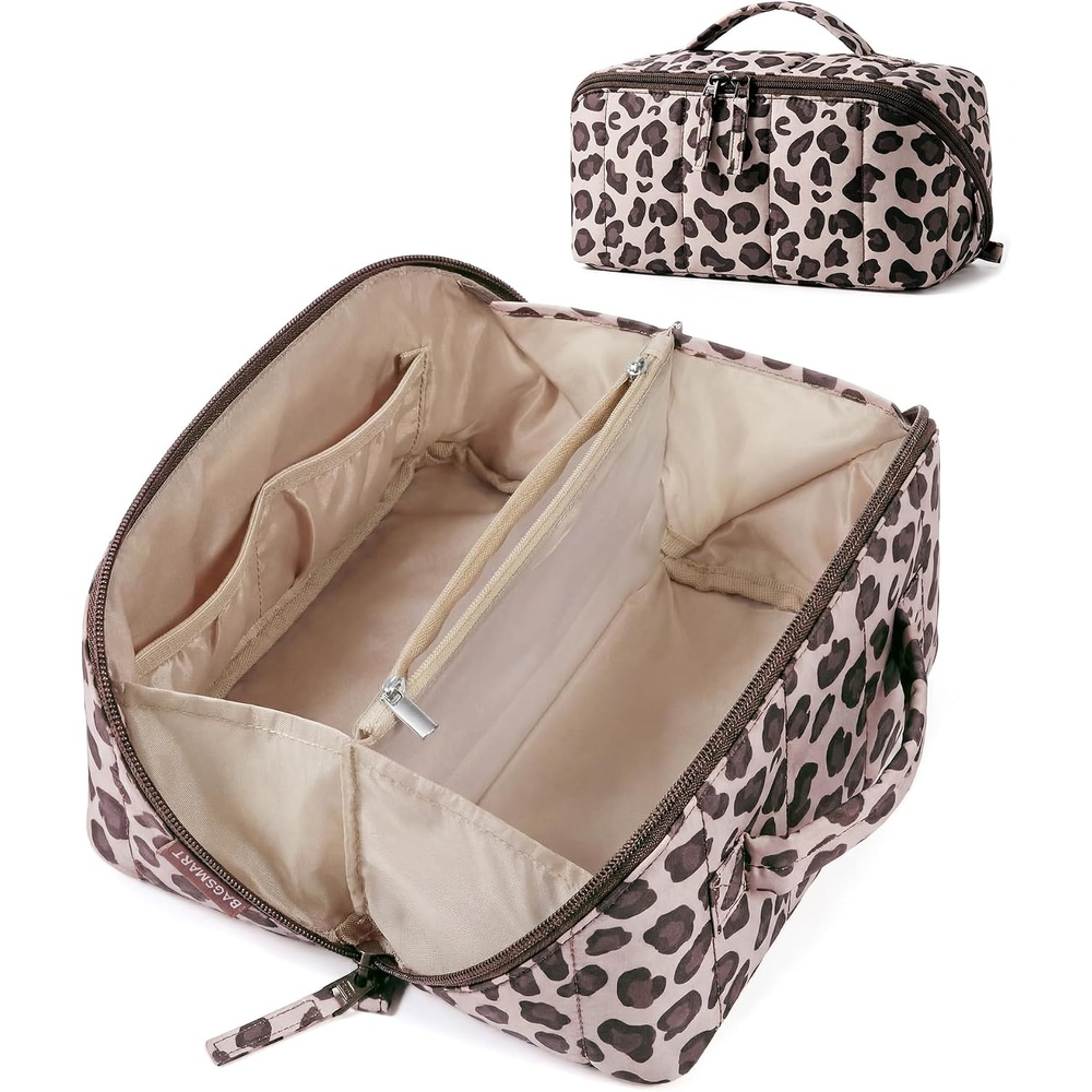 image:imageBAGSMART Makeup Bag Cosmetic Bag Travel Makeup BagWaterresistent Makeup Bags for Women Portable Pouch Open Flat Make Up Organizer Bag for Toiletries Brushes Pink16Leopard