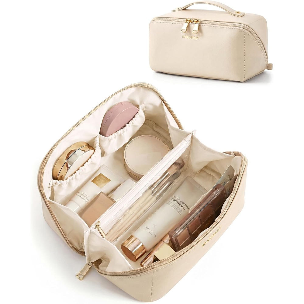 image:imageBAGSMART Makeup Bag Travel Cosmetic BagWomen Toiletry Case Classic Brown10 Cream Beige
