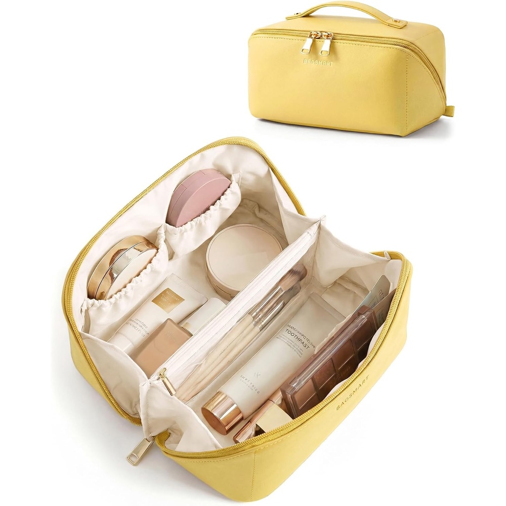 image:imageBAGSMART Makeup Bag Travel Cosmetic BagWomen Toiletry Case Classic Brown19 Yellow