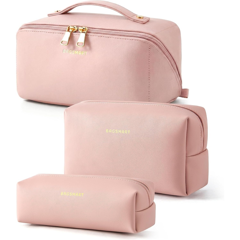 image:imageBAGSMART Makeup Bag Travel Cosmetic BagWomen Toiletry Case Classic Brown33Nude Pink
