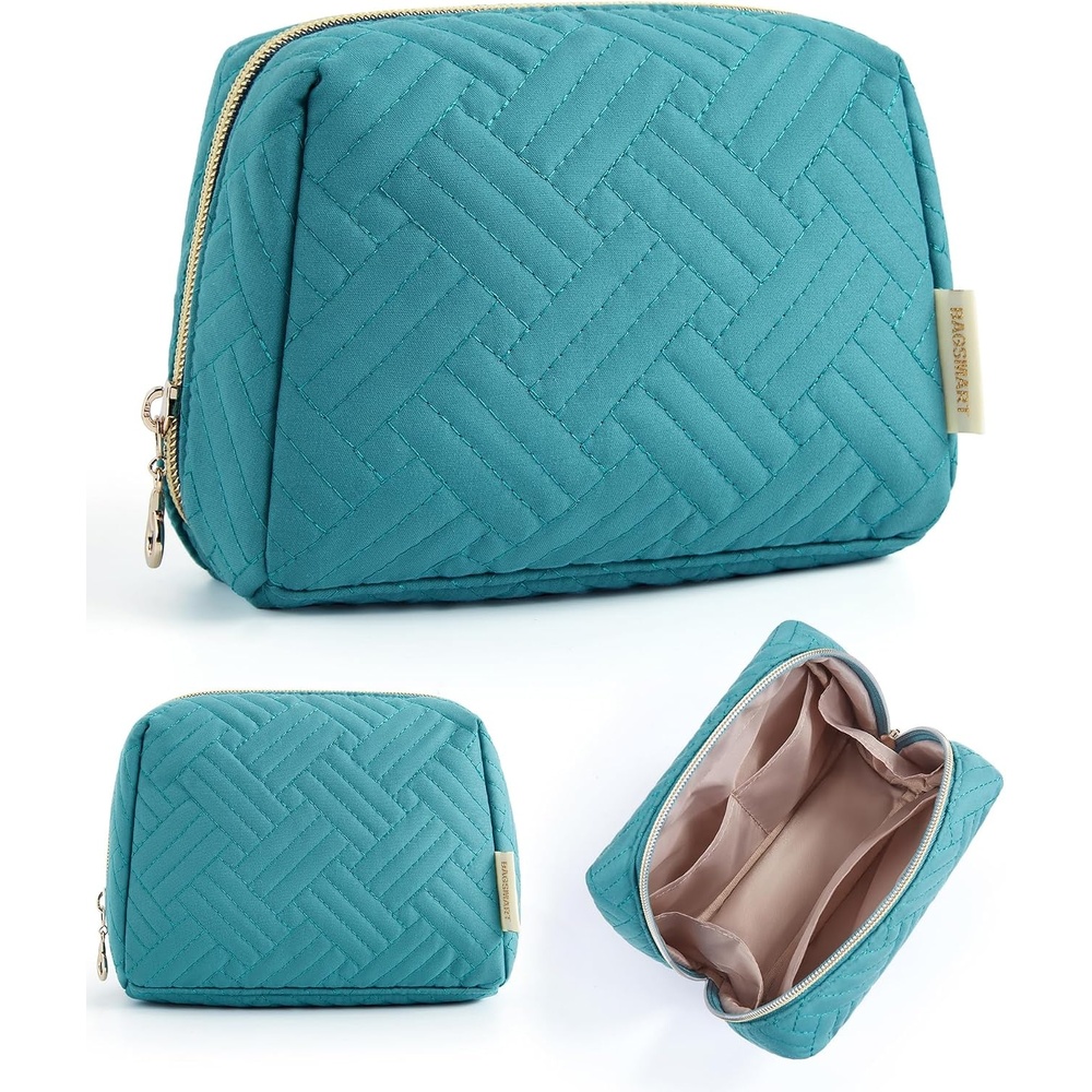 image:imageBAGSMART Small Makeup Bag Puffy Wideopen Zipper Cosmetic Pouch Pink01Teal Blue