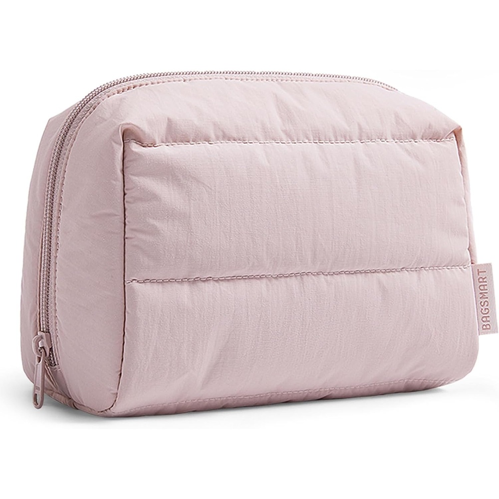 image:imageBAGSMART Small Makeup Bag Puffy Wideopen Zipper Cosmetic Pouch PinkBaby Pink