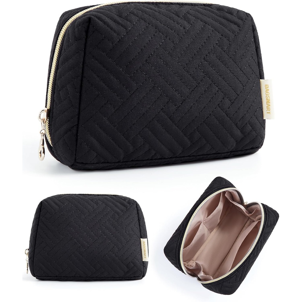 image:imageBAGSMART Small Makeup Bag Puffy Wideopen Zipper Cosmetic Pouch PinkBlack