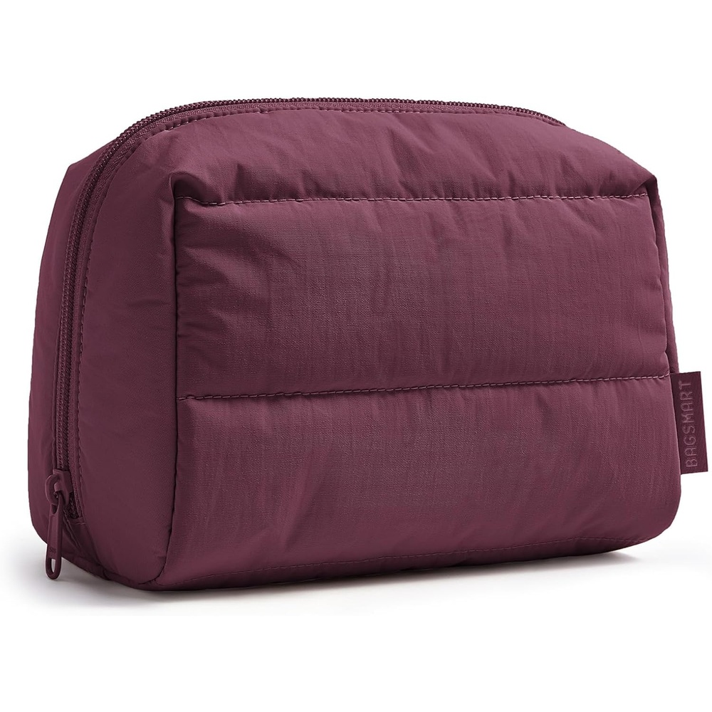 image:imageBAGSMART Small Makeup Bag Puffy Wideopen Zipper Cosmetic Pouch PinkBurgundy Red