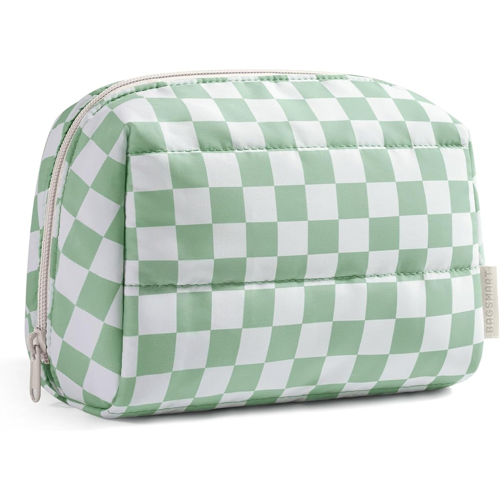 image:imageBAGSMART Small Makeup Bag Puffy Wideopen Zipper Cosmetic Pouch PinkCheckred Green