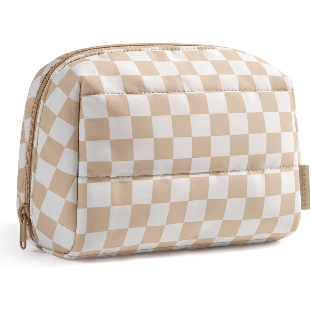 image:imageBAGSMART Small Makeup Bag Puffy Wideopen Zipper Cosmetic Pouch PinkCheckred Khaki