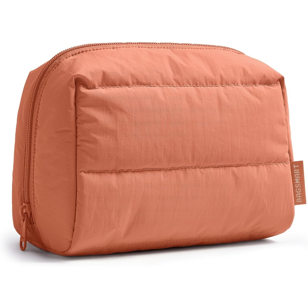 image:imageBAGSMART Small Makeup Bag Puffy Wideopen Zipper Cosmetic Pouch PinkCoral Pink