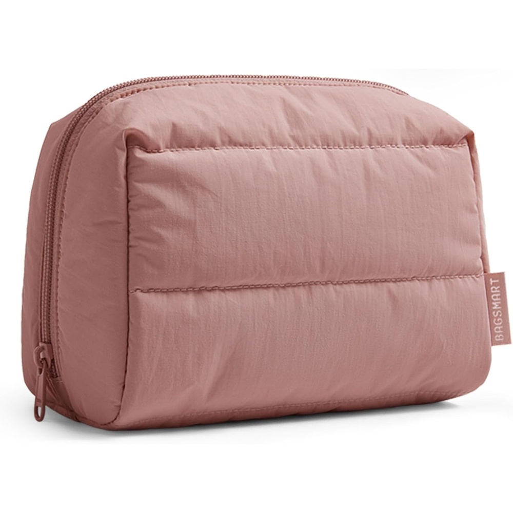 image:imageBAGSMART Small Makeup Bag Puffy Wideopen Zipper Cosmetic Pouch PinkDusty Rose