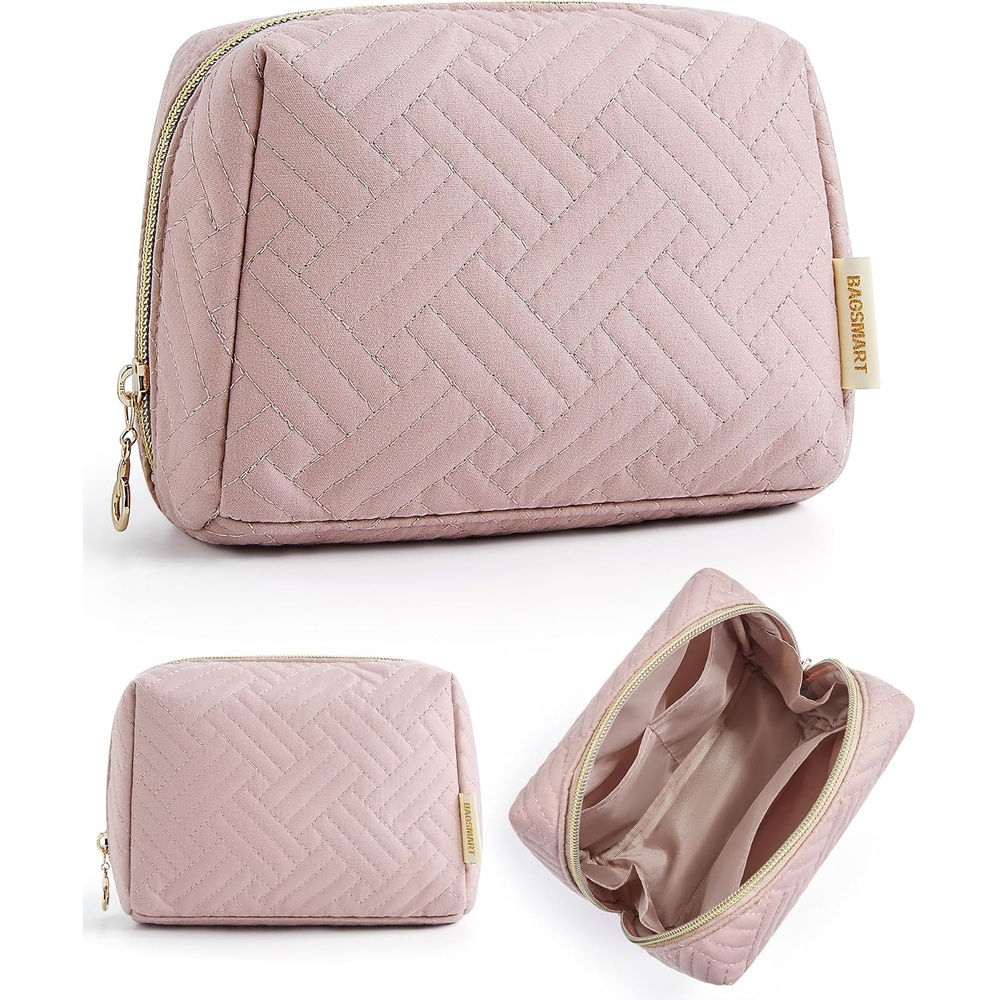 image:imageBAGSMART Small Makeup Bag Puffy Wideopen Zipper Cosmetic Pouch PinkPink