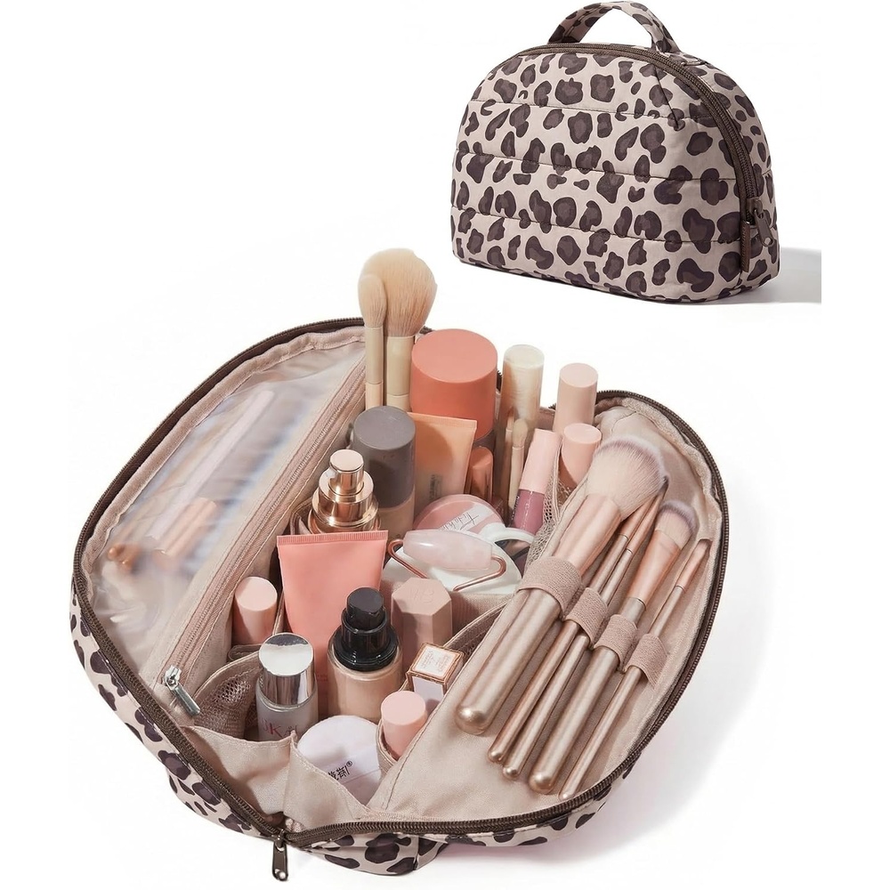 image:imageBAGSMART Travel Makeup Bag FoldDown Cosmetic Pouch for Women PinkLeopard Print
