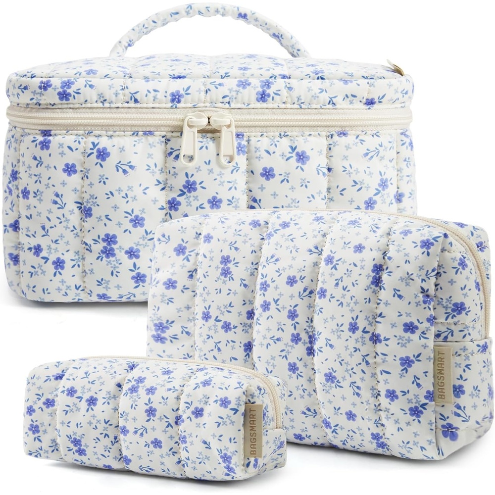 image:imageBAGSMART Travel Makeup Bag Set 3 Pc Puffy Cosmetic Pouch BlackBlue Floral