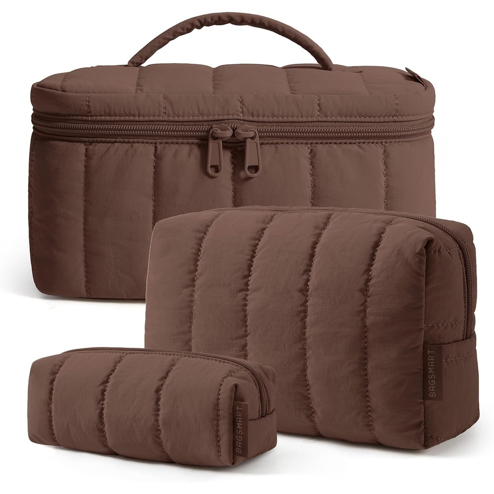 image:imageBAGSMART Travel Makeup Bag Set 3 Pc Puffy Cosmetic Pouch BlackChocolate Brown