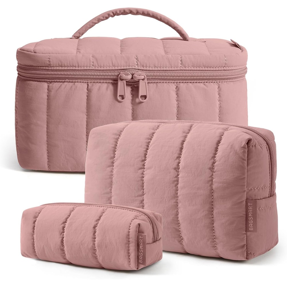 image:imageBAGSMART Travel Makeup Bag Set 3 Pc Puffy Cosmetic Pouch BlackDusty Rose