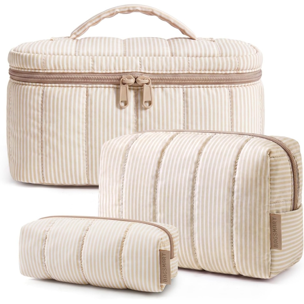 image:imageBAGSMART Travel Makeup Bag Set 3 Pc Puffy Cosmetic Pouch BlackKhaki Strip