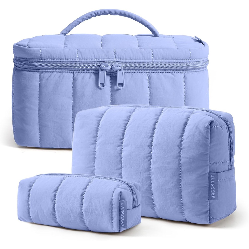image:imageBAGSMART Travel Makeup Bag Set 3 Pc Puffy Cosmetic Pouch BlackLavender Purple