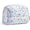BAGSMART Small Makeup Bag, Puffy Wide-open Zipper Cosmetic Pouch, Pink(Blue Ditsy Floral)
