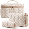 BAGSMART Travel Makeup Bag Set, 3 Pc Puffy Cosmetic Pouch, Black(Checkered Khaki)