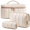 BAGSMART Travel Makeup Bag Set, 3 Pc Puffy Cosmetic Pouch, Black(Khaki Strip)