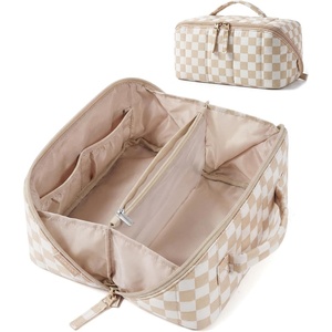 BAGSMART Makeup Bag Cosmetic Bag, Travel Makeup Bag,Water-resistent Makeup Bags for Women Portable Pouch Open Flat Make Up Organizer Bag for Toiletries, Brushes, Pink(08-Checkred Khaki)