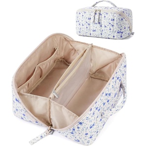 BAGSMART Makeup Bag Cosmetic Bag, Travel Makeup Bag,Water-resistent Makeup Bags for Women Portable Pouch Open Flat Make Up Organizer Bag for Toiletries, Brushes, Pink(17-Blue Ditsy Floral)
