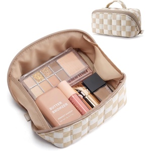 BAGSMART Makeup Bag Cosmetic Bag, Travel Makeup Bag,Water-resistent Makeup Bags for Women Portable Pouch Open Flat Make Up Organizer Bag for Toiletries, Brushes, Pink(06-Checkred Khaki)