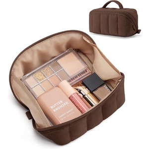 BAGSMART Makeup Bag Cosmetic Bag, Travel Makeup Bag,Water-resistent Makeup Bags for Women Portable Pouch Open Flat Make Up Organizer Bag for Toiletries, Brushes, Pink(07-Chocolate Brown)