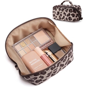 BAGSMART Makeup Bag Cosmetic Bag, Travel Makeup Bag,Water-resistent Makeup Bags for Women Portable Pouch Open Flat Make Up Organizer Bag for Toiletries, Brushes, Pink(09-Leopard)