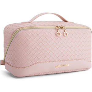 BAGSMART Makeup Bag Cosmetic Bag, Travel Makeup Bag,Water-resistent Makeup Bags for Women Portable Pouch Open Flat Make Up Organizer Bag for Toiletries, Brushes, Pink(26-Pink)