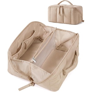 BAGSMART Makeup Bag Cosmetic Bag, Travel Makeup Bag,Water-resistent Makeup Bags for Women Portable Pouch Open Flat Make Up Organizer Bag for Toiletries, Brushes, Pink(04-Khaki Brown)