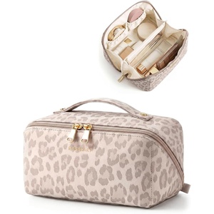 BAGSMART Makeup Bag Travel Cosmetic Bag,Women Toiletry Case, Classic Brown(07- Pink Leopard)