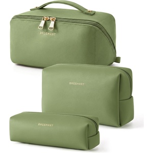 BAGSMART Makeup Bag Travel Cosmetic Bag,Women Toiletry Case, Classic Brown(36-Dark Green)