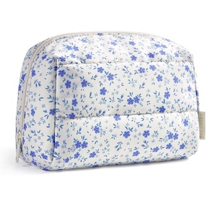 BAGSMART Small Makeup Bag, Puffy Wide-open Zipper Cosmetic Pouch, Pink(Blue Ditsy Floral)
