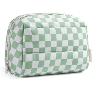 BAGSMART Small Makeup Bag, Puffy Wide-open Zipper Cosmetic Pouch, Pink(Checkred Green)