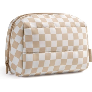 BAGSMART Small Makeup Bag, Puffy Wide-open Zipper Cosmetic Pouch, Pink(Checkred Khaki)