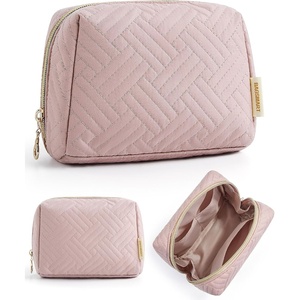 BAGSMART Small Makeup Bag, Puffy Wide-open Zipper Cosmetic Pouch, Pink(Pink)