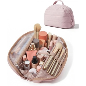 BAGSMART Travel Makeup Bag, Fold-Down Cosmetic Pouch for Women, Pink(Baby Pink)