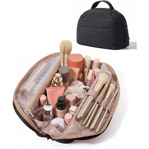 BAGSMART Travel Makeup Bag, Fold-Down Cosmetic Pouch for Women, Pink(Black)