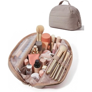 BAGSMART Travel Makeup Bag, Fold-Down Cosmetic Pouch for Women, Pink(Brown)