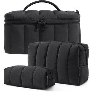 BAGSMART Travel Makeup Bag Set, 3 Pc Puffy Cosmetic Pouch, Black(Black)