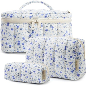 BAGSMART Travel Makeup Bag Set, 3 Pc Puffy Cosmetic Pouch, Black(Blue Floral)