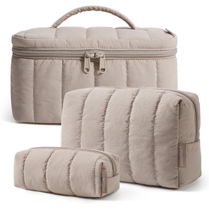 BAGSMART Travel Makeup Bag Set, 3 Pc Puffy Cosmetic Pouch, Black(Camel)