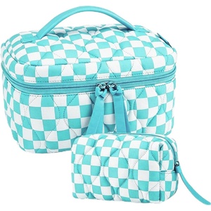 BAGSMART Travel Makeup Bag Set, 3 Pc Puffy Cosmetic Pouch, Black(Checkered Blue 2 Pcs)
