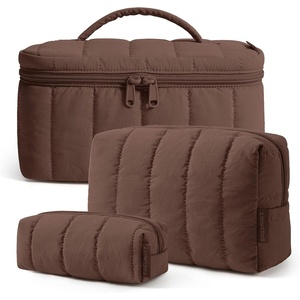 BAGSMART Travel Makeup Bag Set, 3 Pc Puffy Cosmetic Pouch, Black(Chocolate Brown)