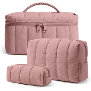 BAGSMART Travel Makeup Bag Set, 3 Pc Puffy Cosmetic Pouch, Black(Dusty Rose)