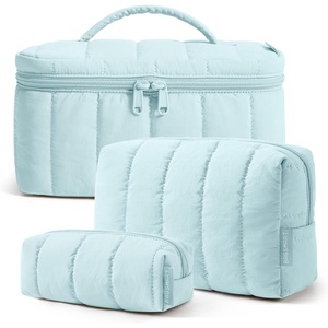 BAGSMART Travel Makeup Bag Set, 3 Pc Puffy Cosmetic Pouch, Black(Glacier Blue)