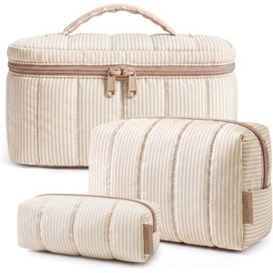 BAGSMART Travel Makeup Bag Set, 3 Pc Puffy Cosmetic Pouch, Black(Khaki Strip)