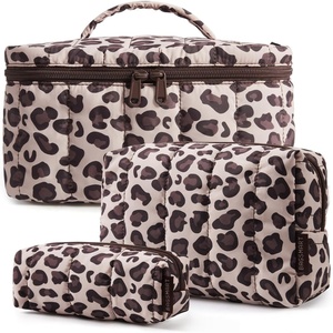 BAGSMART Travel Makeup Bag Set, 3 Pc Puffy Cosmetic Pouch, Black(Leopard Print)