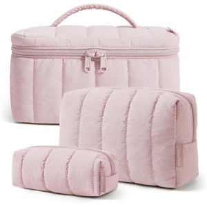 BAGSMART Travel Makeup Bag Set, 3 Pc Puffy Cosmetic Pouch, Black(Pink)