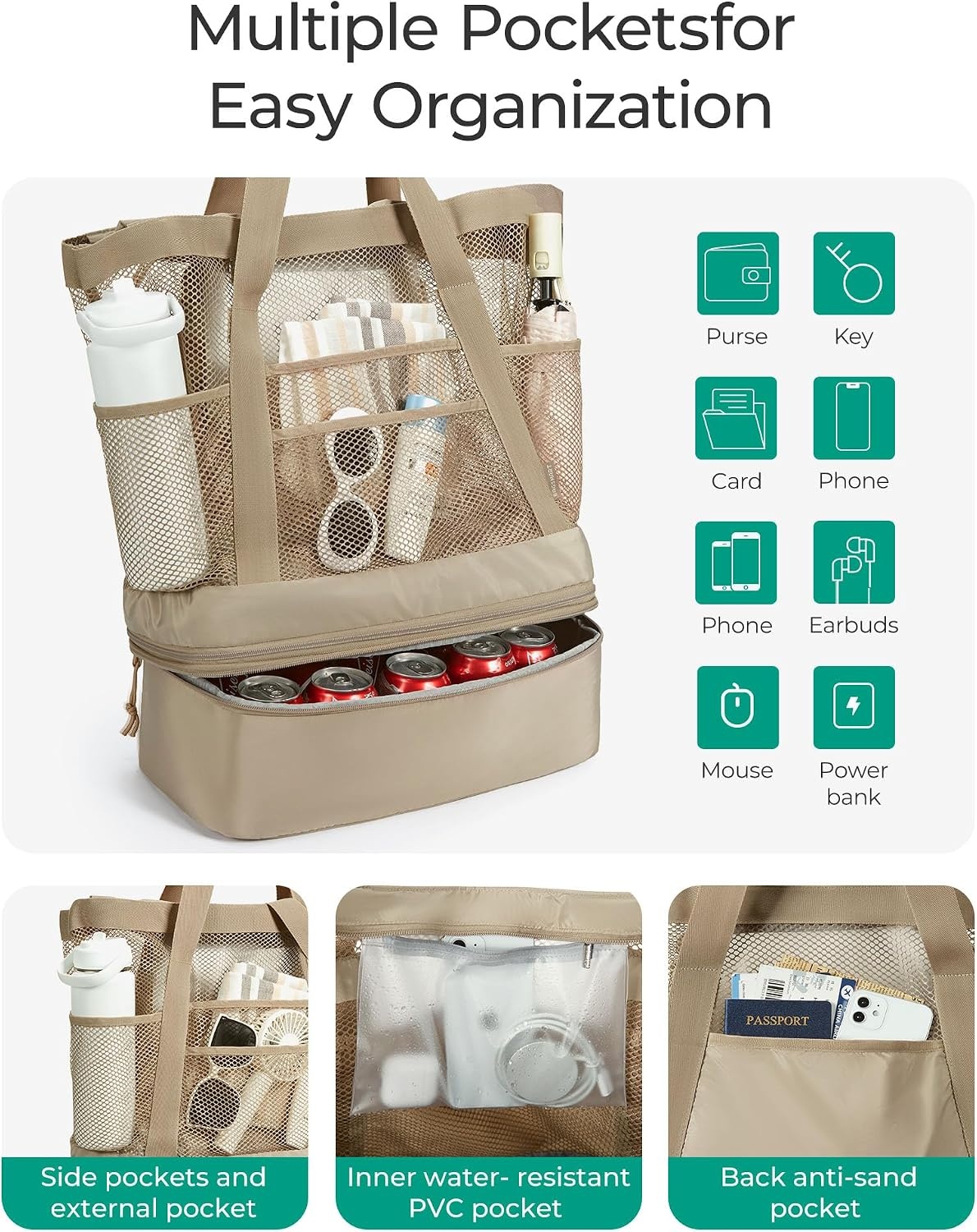 image:imageBAGSMART Beach Bag for Women Large Beach Bag Swim Pool BagCamel